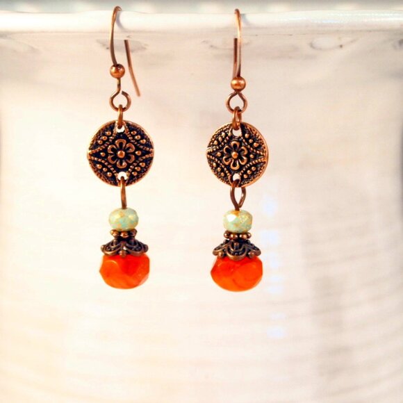 Copper Czech Glass Drop Earrings Boho Chic Dangle Pierced or Clip-on Earrings - Picture 1 of 8